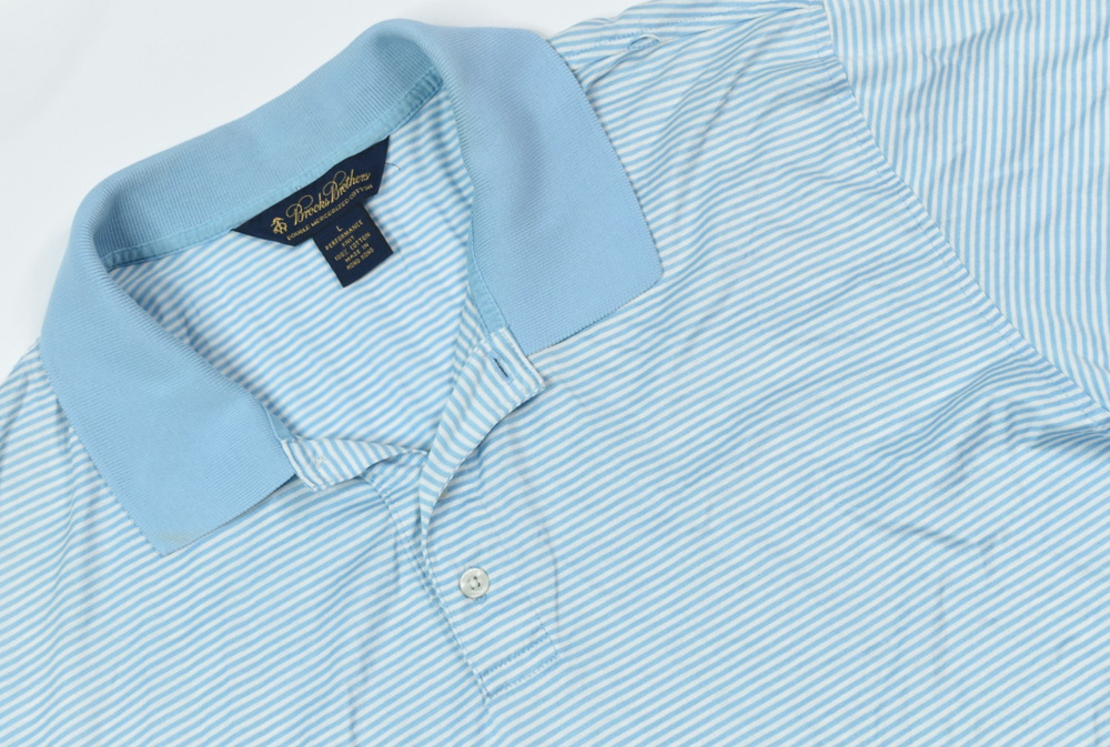 Brooks Brothers Performance Knit Polo Shirt Mens Large Blue Striped Short Sleeve